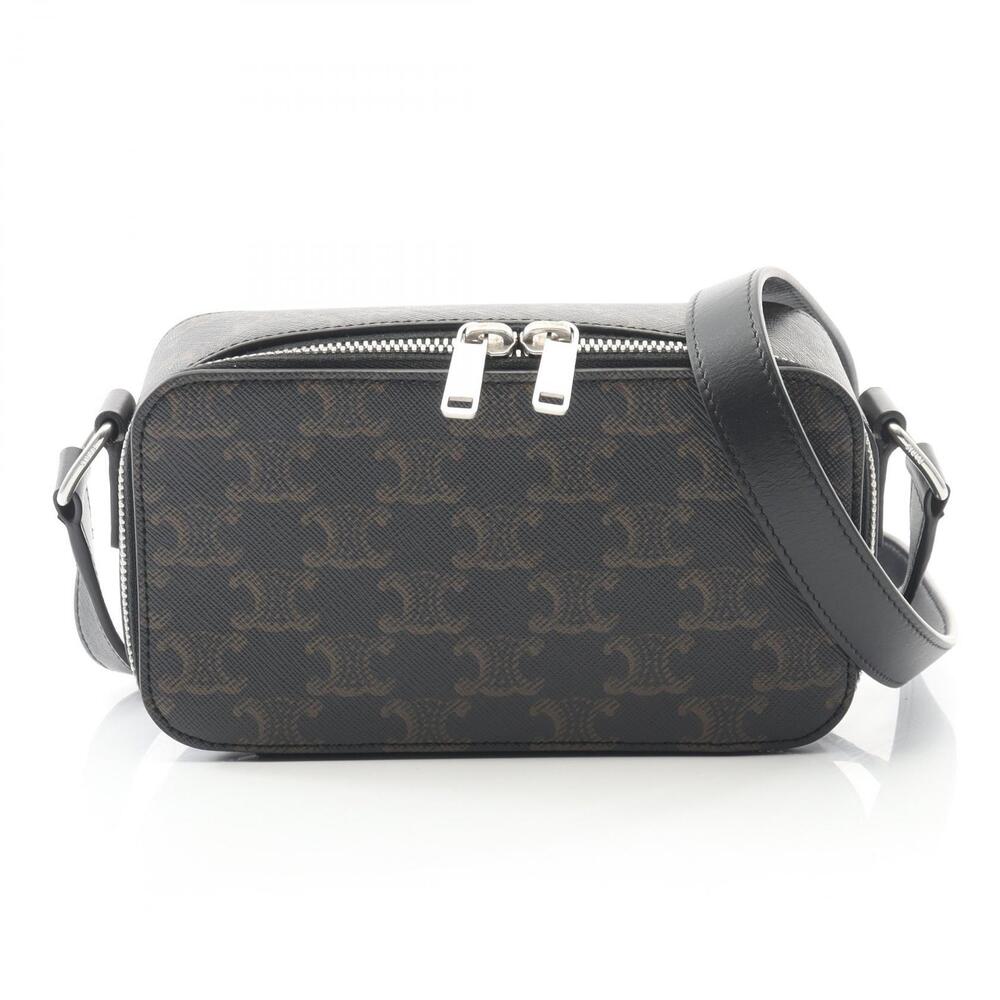 Celine Triomphe Shoulder Bag Canvas Leather Black Brown